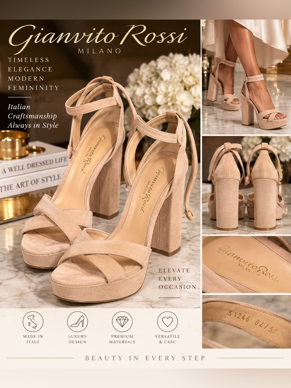 Gianvito Rossi Nude Suede Platform Block Heel Ankle Strap Sandals